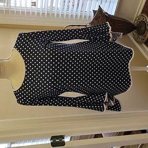 Coco Blanco navy blue white polka dot top statement bell sleeves pull on M EUC…
